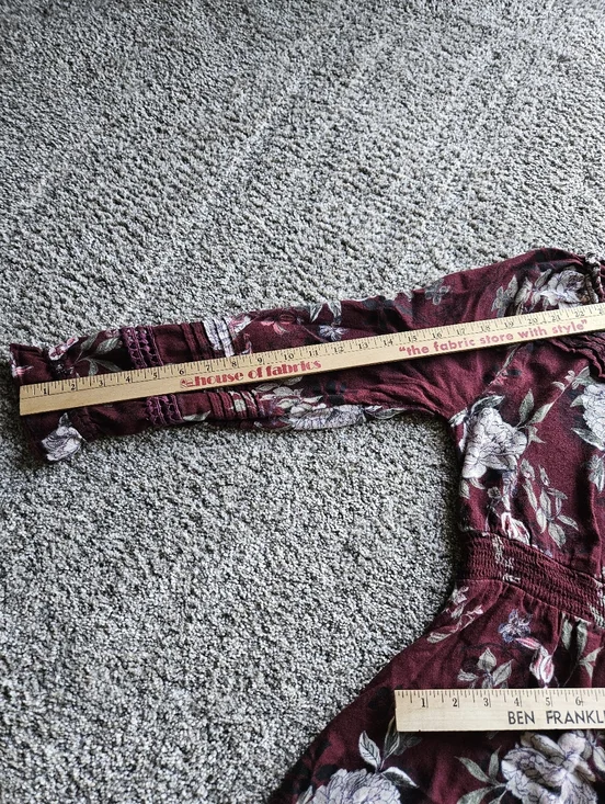 American Rag Burgundy Floral Long Sleeve Smocked Waist Mini Dress Peasant Boho - Picture 11 of 11